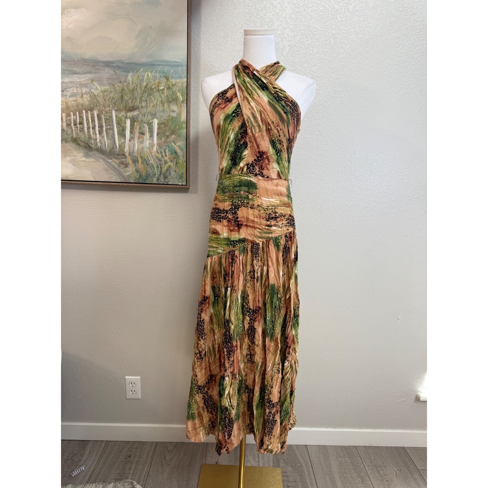Maison Tara Y2K Abstract Animal Print Crossover Halter Midi Dress 4